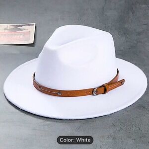 Fedora White Hat Unisex Classy Chic Men Women Buckle Strap